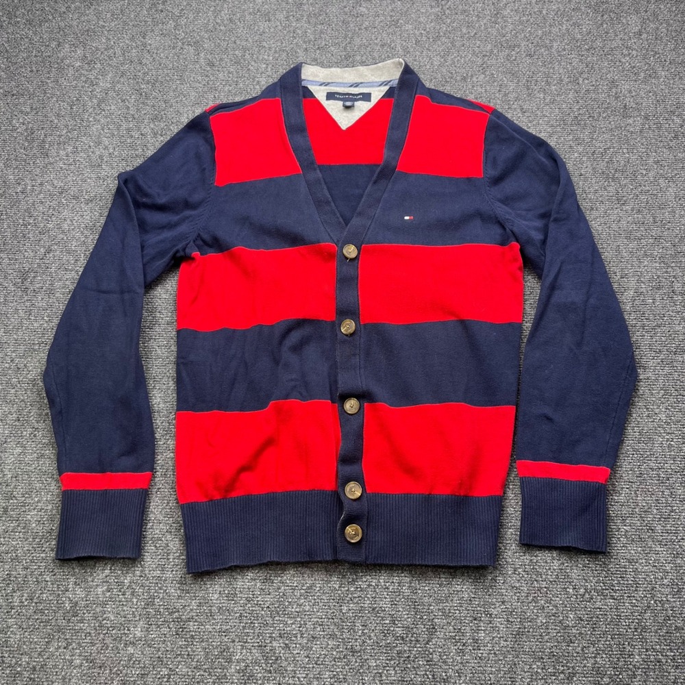 Tommy Hilfiger Striped Preppy Collegiate Navy Red Knit Button Front Cardigan